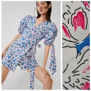 ZARA Blue Floral Printed Poplin Wrap Dress Size XS Bow V-Neck Mini Date Flirty